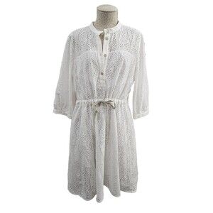 Marella 10 White Floral Eyelet Lace A-Line Dress Self-Tie Waist Designer EUC